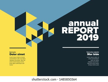 Vector abstract annual report cover template with abstract isometric illustration - blue and yellow  horizontal version
