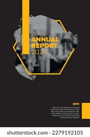 Vector abstract annual report cover template with sample text and abstract  masked photo - document or brochure front page with black corporate style and yellow hexagon shape