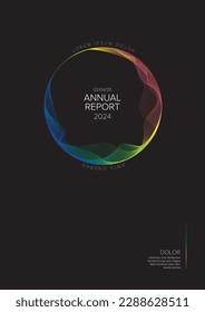 Vector abstract annual report dark gray cover template with sample text and abstract color circle with title - simple minimalistic dark layout for brochure cover, flyer or document front page