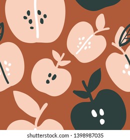 Vector abstract apple seamless pattern. Colorful vector doodle hand drawn background with summer fruits for kitchen textile, fabric, paper. Vegan, farm, natural food texture. Simple minimalist design