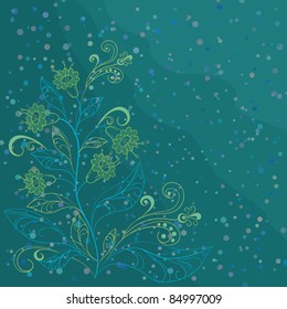 Vector abstract aquamarine background with yellow and blue contours flowers and confetti