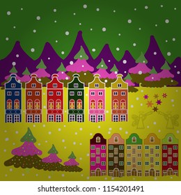 Vector Abstract Architecture Illustration. Flat Design Urban. Houses. Landscape on green, yellow and purple colors background.