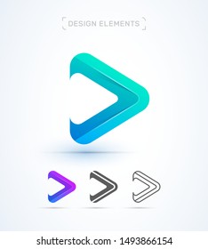 Vector abstract arrow logo design, play, music, video player sigh, app icon. Origami paper material design, flat, line art style