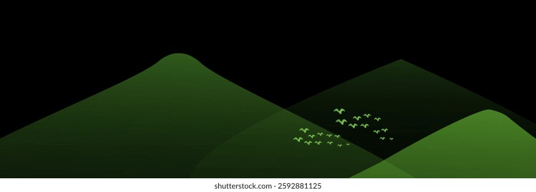 Vector abstract art blue landscape mountain with birds and sunrise sunset by golden line art texture isolated on dark grey black background. Minimal luxury style for wallpaper, wall art decoration.	
