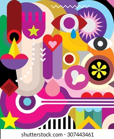 Vector abstract art composition with various colorful shapes and objects. 