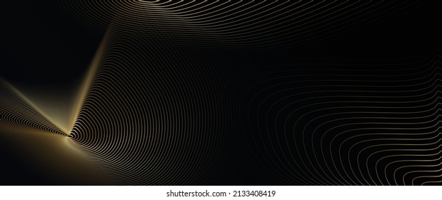 Vector abstract art with gold, wave line pattern, light shiny, texture on dark, black color background. Illustration luxury, modern graphic design for wallpaper, banner. Futuristic technology concept
