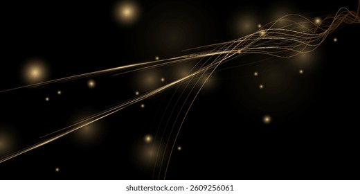 Vector abstract art with gold, wave line pattern, light shiny, texture on dark, black color background. modern graphic design for wallpaper, banner. Futuristic technology concept