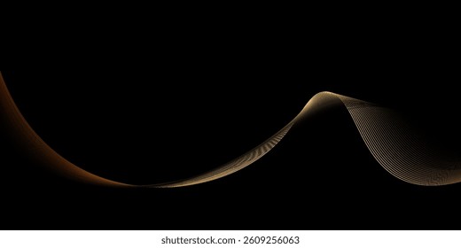 Vector abstract art with gold, wave line pattern, light shiny, texture on dark, black color background. modern graphic design for wallpaper, banner. Futuristic technology concept