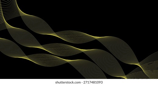 Vektorabstrakte Kunst mit Gold, Wellenlinienmuster, hellglänzend, Textur auf dunklem, schwarzem Hintergrund. modernes Grafikdesign für Tapeten, Banner. Futuristisches Technologiekonzept