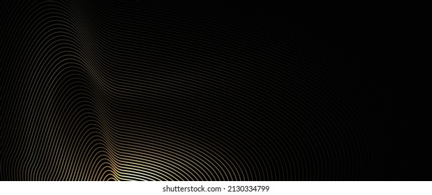 Vector abstract art with gold, yellow wave line or curve line pattern, smooth light shiny, texture on dark, black color background.Illustration luxury, modern graphic design golden metal for wallpaper