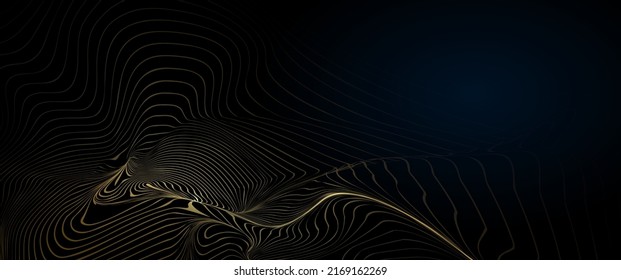 Vector abstract art with gold, yellow wave line pattern, light shiny and texture on dark, black color background. Illustration luxury, modern graphic design golden metal for wallpaper, banner template
