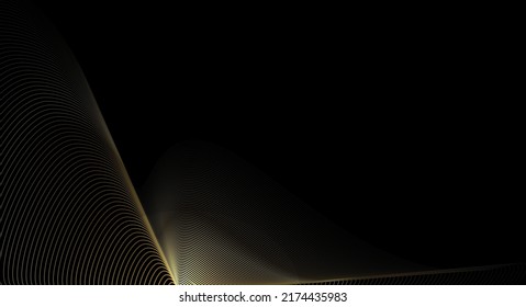 Arte abstracto vectorial con dorado, línea de onda amarilla o patrón de línea de curva, luz suave brillante, textura sobre fondo oscuro de color negro.Ilustración de lujo, diseño gráfico moderno de metal dorado para papel de pared