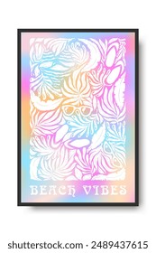Vector abstract art illustration with fluid gradient exotic plants, beach attributes and lettering Beach Vibes isolated on white background. Modern design template for poster print, card