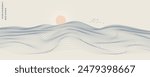 Vector abstract art landscape mountain with birds and sunrise sunset by blue line art texture isolated on white beige earth tone background. Minimal luxury style for wallpaper, wall art decoration.