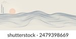 Vector abstract art landscape mountain with birds and sunrise sunset by blue line art texture isolated on white beige earth tone background. Minimal luxury style for wallpaper, wall art decoration.