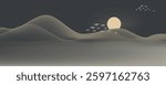 Vector abstract art landscape mountain with birds and sunrise sunset by golden line art texture isolated on dark grey black background. Minimal luxury style for wallpaper, wall art decoration.