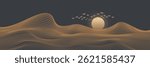 Vector abstract art landscape mountain with birds and sunrise with gold line art texture isolated on dark gray black background.