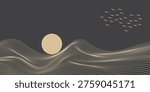 Vector abstract art landscape mountain with birds and sunrise sunset by golden line art texture isolated on dark grey black background. illustration