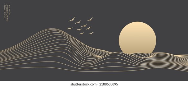 Vector abstract art landscape mountain with birds and sunrise sunset by golden line art texture isolated on dark grey black background. Minimal luxury style for wallpaper, wall art decoration. - Shutterstock ID 2188635895