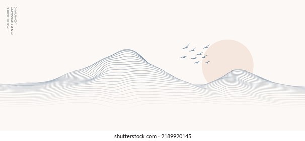 Vector abstract art landscape mountain with birds and sunrise sunset by blue line art texture isolated on white beige earth tone background. Minimal luxury style for wallpaper, wall art decoration. svg