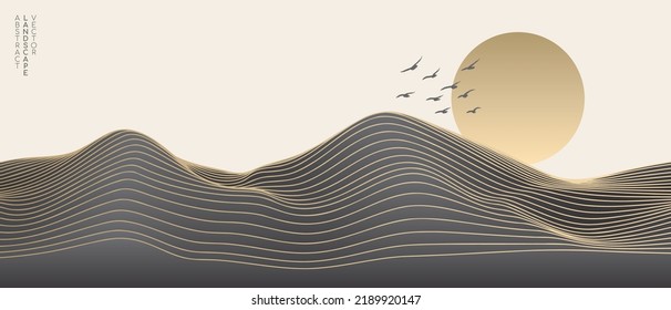 Vector abstract art landscape mountain with birds and sunrise sunset by golden line art texture black and white beige background. Minimal luxury style for wallpaper, wall art decoration.