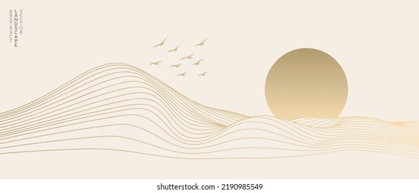 Vector abstract art landscape mountain and birds   sunrise sunset by golden line art texture isolated white beige background  Minimal luxury style for wallpaper  wall art decoration 