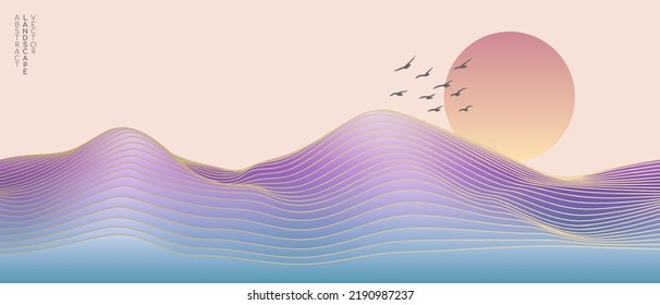 El paisaje artístico abstracto vectorial montaña con pájaros y puesta de sol por la textura de la línea dorada del arte y colorido color pastel fondo. Un estilo minimalista de lujo para tapicería y decoración de arte en las paredes.