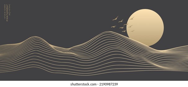 Vector abstract art landscape mountain with birds and sunrise sunset by golden line art texture isolated on dark grey black background. Minimal luxury style for wallpaper, wall art decoration.