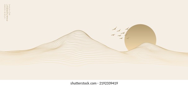 El paisaje artístico abstracto vectorial montaña con pájaros y puesta de sol por la textura de la línea dorada del arte aislado en el fondo beige blanco. Un estilo minimalista de lujo para tapicería y decoración de arte en las paredes.