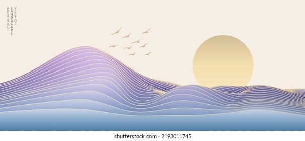 Vector abstract art landscape mountain with birds and sunrise sunset by golden line art texture and colorful pastel colors background. Minimal luxury style for wallpaper, wall art decoration.