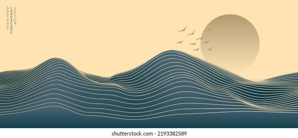 Vector abstract art landscape mountain with birds and sunrise sunset by golden line art texture isolated on dark teal blue background. Minimal luxury style for wallpaper, wall art decoration.