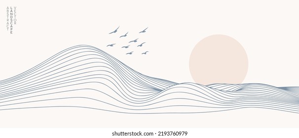 Vector abstract art landscape mountain with birds and sunrise sunset by blue line art texture isolated on white beige earth tone background. Minimal luxury style for wallpaper, wall art decoration.