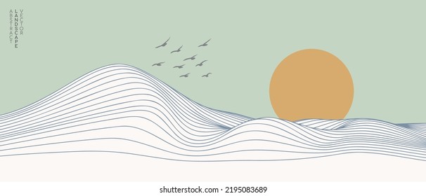 Vector abstract art landscape mountain with birds and sunrise sunset by blue line art texture isolated on pastel green earth tone background. Minimal luxury style for wallpaper, wall art decoration.