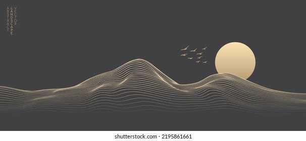 Vector abstract art landscape mountain and birds   sunrise sunset by golden line art texture isolated dark grey black background  Minimal luxury style for wallpaper  wall art decoration 