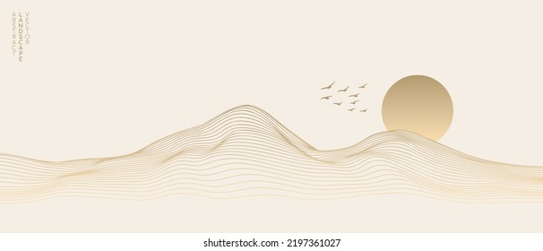 Vector abstract art landscape mountain with birds and sunrise sunset by golden line art texture isolated on white beige background. Minimal luxury style for wallpaper, wall art decoration. svg
