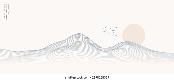 Vector abstract art landscape mountain and birds   sunrise sunset by blue line art texture isolated white beige earth tone background  Minimal luxury style for wallpaper  wall art decoration 