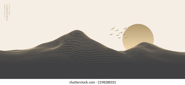Vector abstract art landscape mountain and birds   sunrise sunset by golden line art texture black   white beige background  Minimal luxury style for wallpaper  wall art decoration 