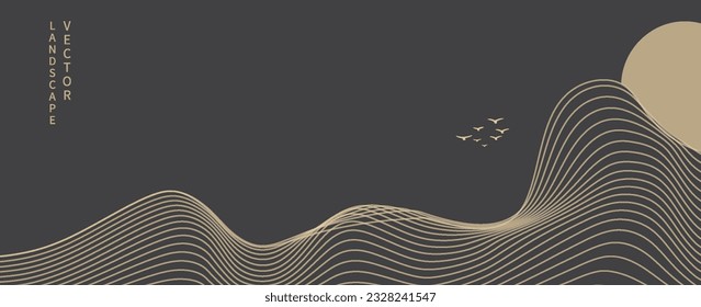 Vector abstract art landscape mountain with birds and sunrise sunset by golden line art texture isolated on dark grey black background. Minimal luxury style for wallpaper, wall art decoration.