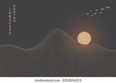 Vector abstract art landscape mountain with birds and sunrise sunset by golden line art texture isolated on dark grey black background. Minimal luxury style for wallpaper, wall art decoration.