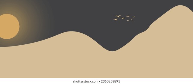 Vector abstract art landscape mountain with birds and sunrise sunset by golden line art texture isolated on dark grey black background. Minimal luxury style for wallpaper, wall art decoration.
