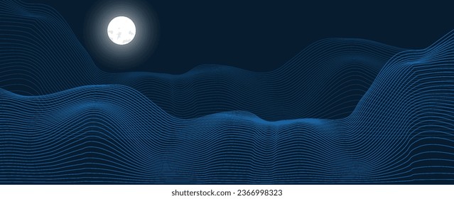 El paisaje artístico abstracto vectorial montaña con pájaros y puesta de sol por la textura de la línea dorada del arte aislado sobre fondo negro gris oscuro. Un estilo minimalista de lujo para tapicería y decoración de arte en las paredes.