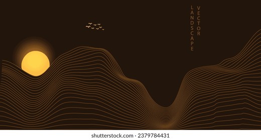 Vector abstract art landscape mountain with birds and sunrise with golden line art texture isolated on dark gray black background. Vector