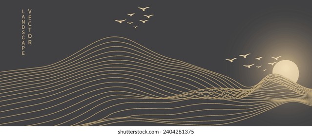 Vector abstract art landscape mountain with birds and sunrise sunset by golden line art texture isolated on dark grey black background. Minimal luxury style for wallpaper, wall art decoration.