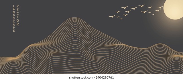 El paisaje artístico abstracto vectorial montaña con pájaros y puesta de sol por la textura de la línea dorada del arte aislado sobre fondo negro gris oscuro. Un estilo minimalista de lujo para tapicería y decoración de arte en las paredes.