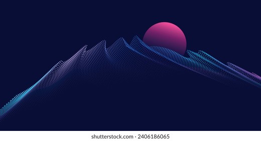 Vector abstract art landscape mountain with birds and sunrise with golden line art texture isolated on dark gray black background eps 10