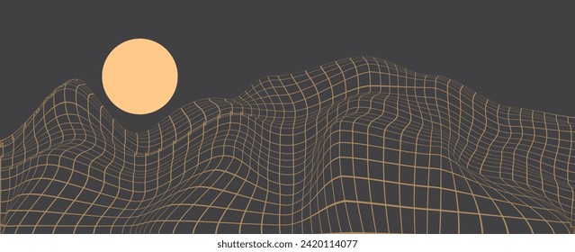 El paisaje artístico abstracto vectorial montaña con pájaros y puesta de sol por la textura de la línea dorada del arte aislado sobre fondo negro gris oscuro. Un estilo minimalista de lujo para tapicería y decoración de arte en las paredes.
