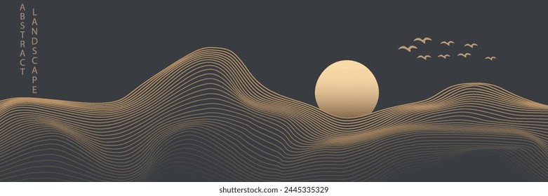 Vector abstract art landscape mountain with birds and sunrise with gold line art texture isolated on dark gray black background. eps10