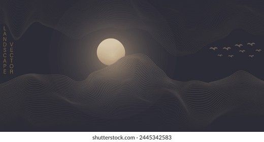 Vector abstract art landscape mountain with birds and sunrise sunset by golden line art texture isolated on dark grey black background. Minimal luxury style for wallpaper, wall art decoration.