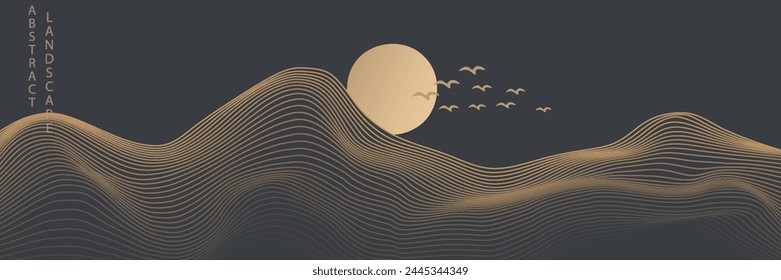 Vector abstract art landscape mountain with birds and sunrise with gold line art texture isolated on dark gray black background. eps10