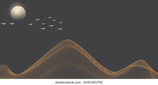 Vector abstracto del arte de la montaña con los pájaros y el atardecer del amanecer por la textura del arte de la línea dorada aislada en fondo negro gris oscuro.
